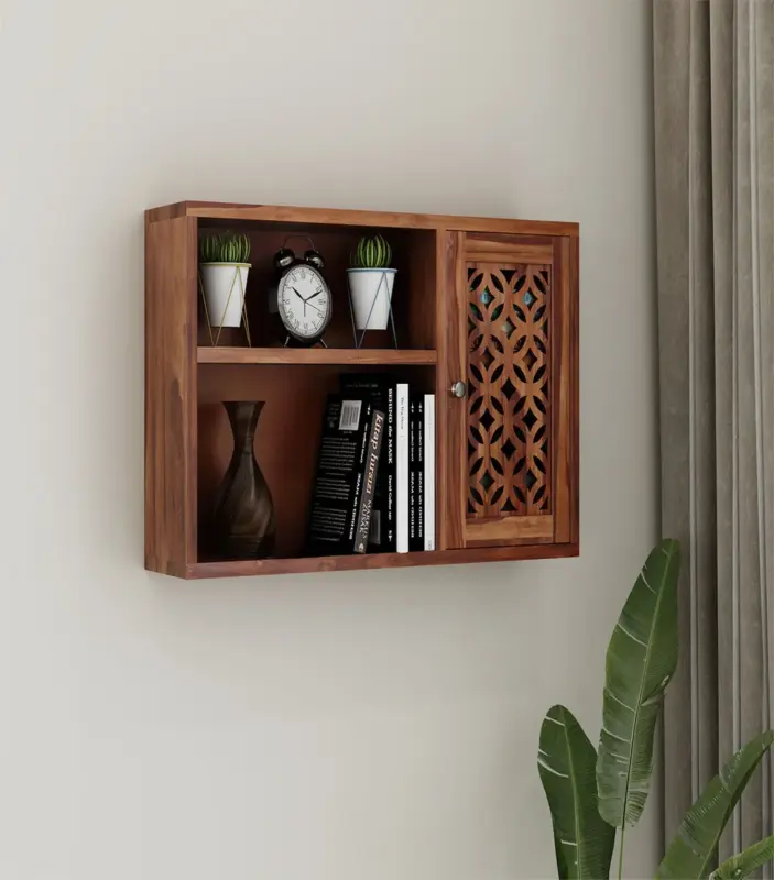 Clambrey Sheesham Wood Wall Shelf with Open and Close Storage (Honey Finish)