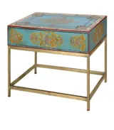 Royalistic Solid Mango Wood Hand Decorated with Metal Base Coffee Table with Drawer Storage (Two Tone Blue Finish)
