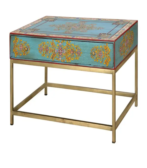 Royalistic Solid Mango Wood Hand Decorated with Metal Base Coffee Table with Drawer Storage (Two Tone Blue Finish)