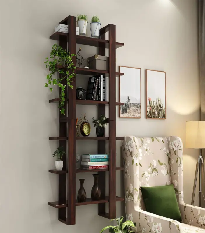 Proston Sheesham Wood Wall Shelf with Open Storage (Walnut Finish)