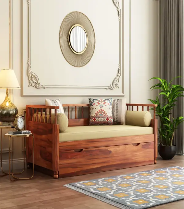 Decaprio Sheesham Wood Diwan Bed with Drawer Storage (Honey Finish)