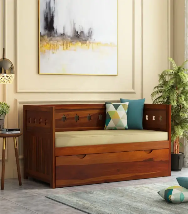 Sewayze Sheesham Wood Diwan Bed with Drawer Storage (Honey Finish)
