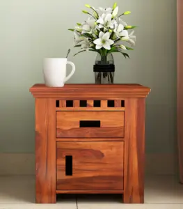Arolph Sheesham Wood Bedside Table with Drawer Storage (Honey Finish)