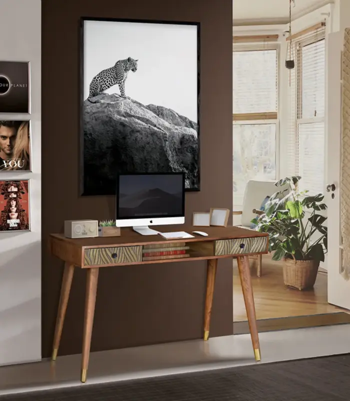 Regix Solid Mango Wood Study Table with Metal Legs and Drawer Storage (Natural Finish)