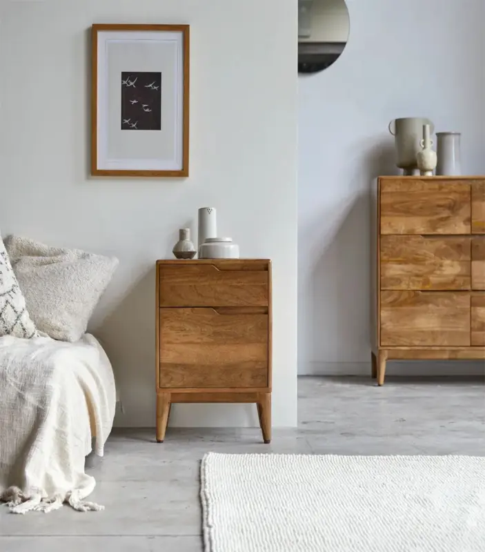 Cabrielle Solid Mango Wood Bedside Table with Drawer Storage (Honey Finish)