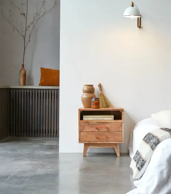 Ozlo Acacia Wood Bedside Table with Drawer and Open Storage (Acacia Finish)