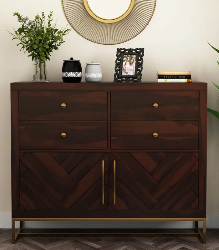 Jelt Sheesham Wood with Metal Base Chest Of Drawers (Walnut Finish)
