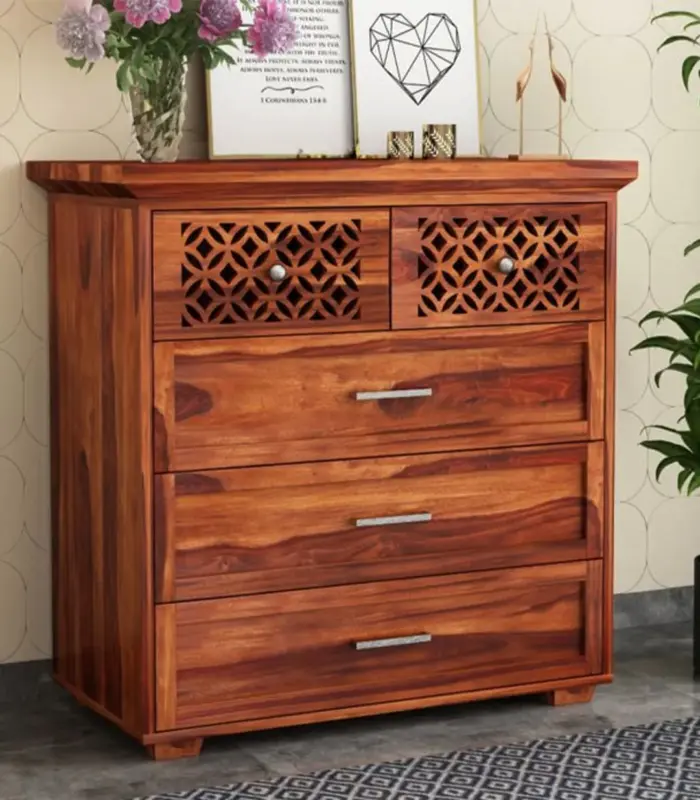 Clambrey Sheesham Wood Chest Of Drawers (Honey Finish)