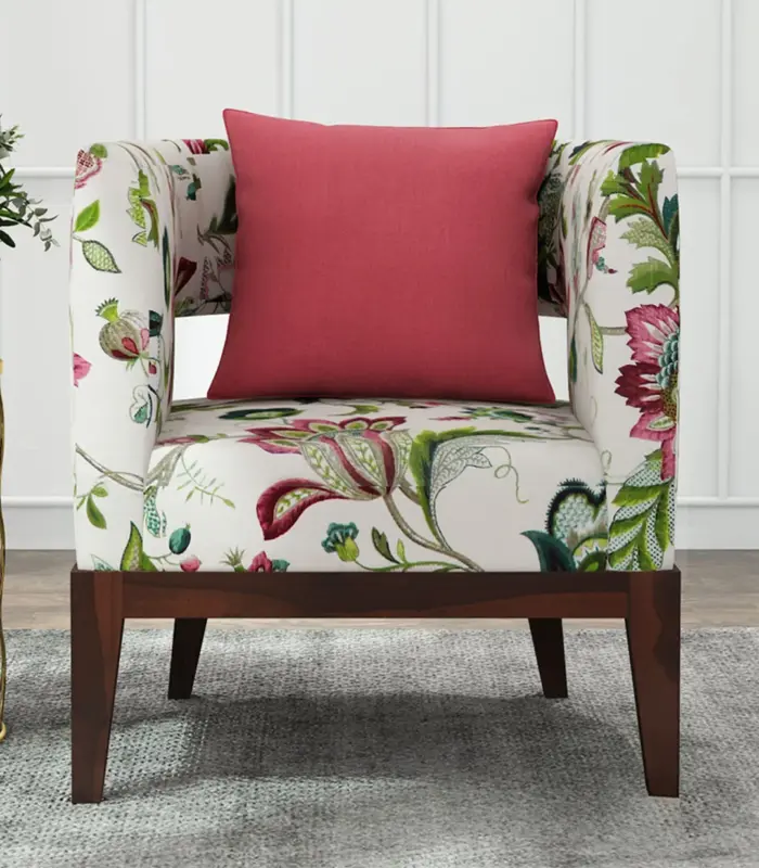 Welper Sheesham Wood Frame with Cushioned Velvet Seating Lounge Chair (Rose Vineyard with Walnut Finish)
