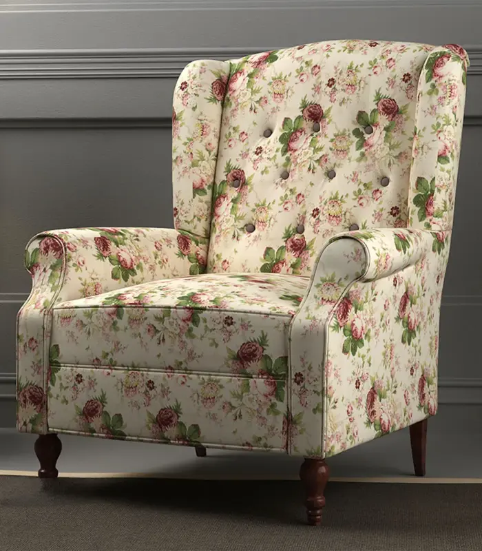 Betox Mango Wood Frame with Cushioned Velvet Seating Lounge Chair (Cream Blossom with Walnut Finish)