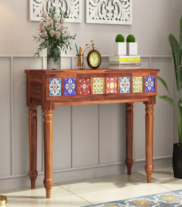 Roko Sheesham Wood Console Table with Drawer Storage (Honey Finish)