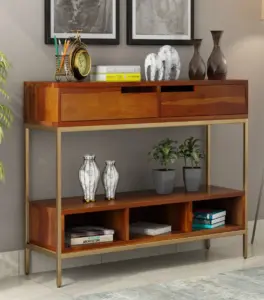 Freezia Sheesham Wood with Metal Frame Console Table with Drawer and Open Storage (Honey Finish)