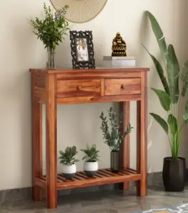 Waltes Sheesham Wood Console Table with Drawer Storage (Honey Finish)