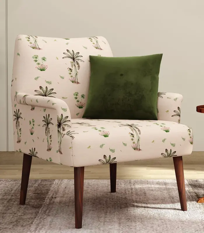 Arcosta Sheesham Wood Frame with Cushioned Velvet Seating Lounge Chair (Cream Tropical with Walnut Finish)