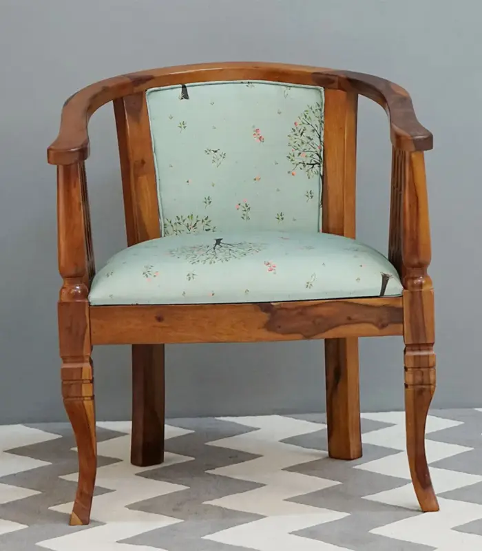 Macro Sheesham Wood Cushioned Velvet Seating Arm Chair (Honey Finish)