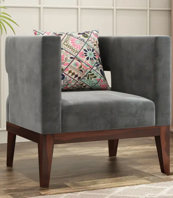 Welper Sheesham Wood Frame with Cushioned Velvet Seating Lounge Chair (Graphite Grey with Walnut Finish)