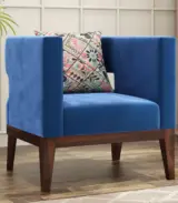 Welper Sheesham Wood Frame with Cushioned Velvet Seating Lounge Chair (Indigo Blue with Walnut Finish)