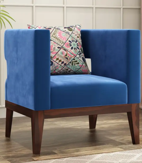 Welper Sheesham Wood Frame with Cushioned Velvet Seating Lounge Chair (Indigo Blue with Walnut Finish)
