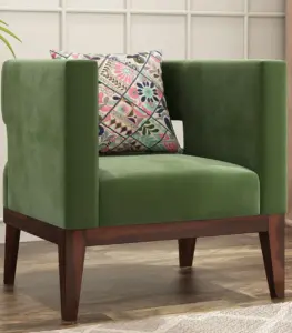 Welper Sheesham Wood Frame with Cushioned Velvet Seating Lounge Chair (Olive Green with Walnut Finish)