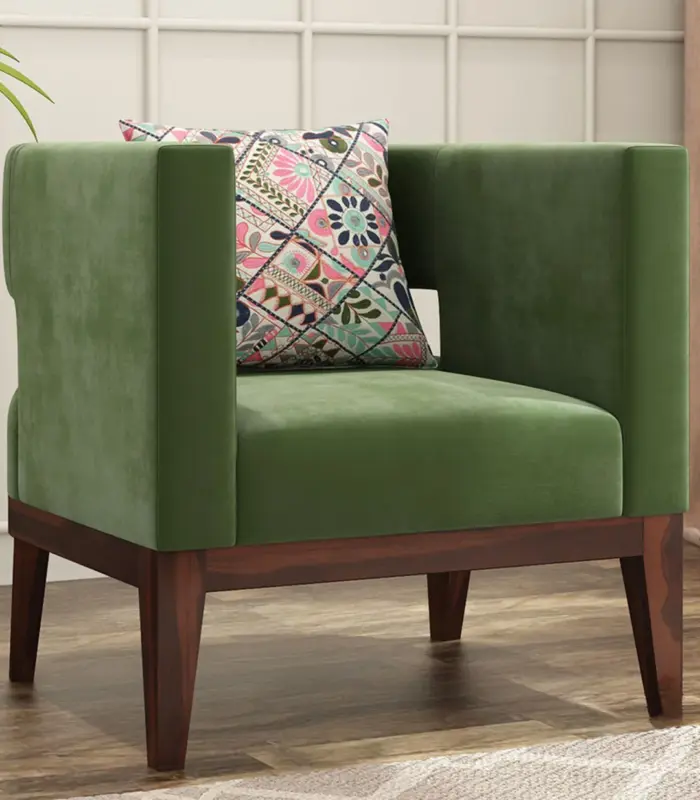 Welper Sheesham Wood Frame with Cushioned Velvet Seating Lounge Chair (Olive Green with Walnut Finish)