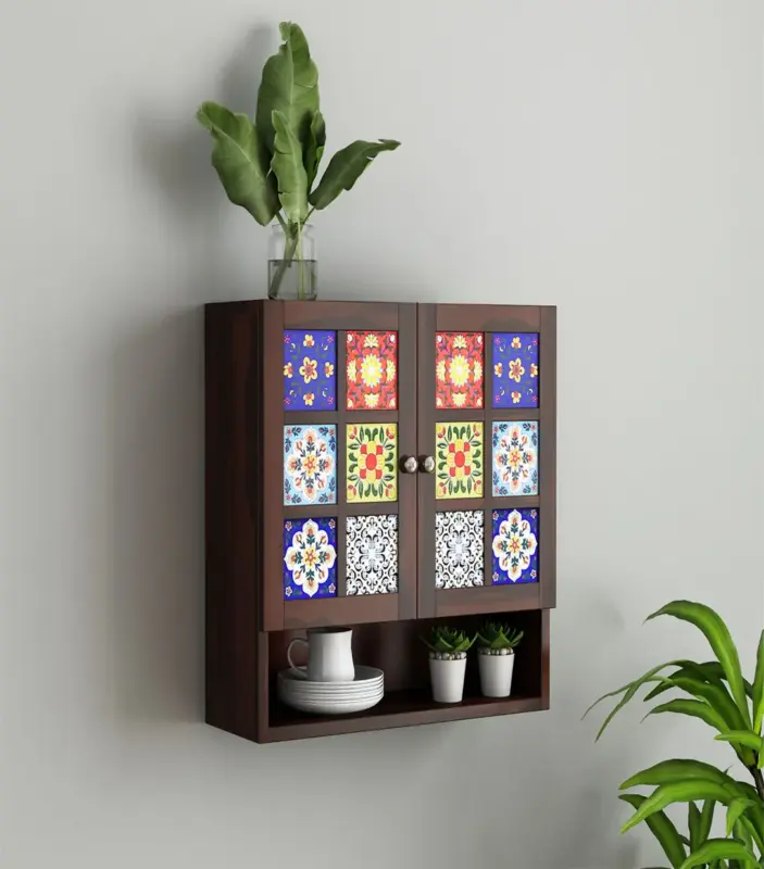 Symone Sheesham Wood Wall Mounted Kitchen Rack (Walnut Finish)