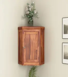 Ordom Sheesham Wood Corner Wall Mounted Kitchen Rack (Honey Finish)