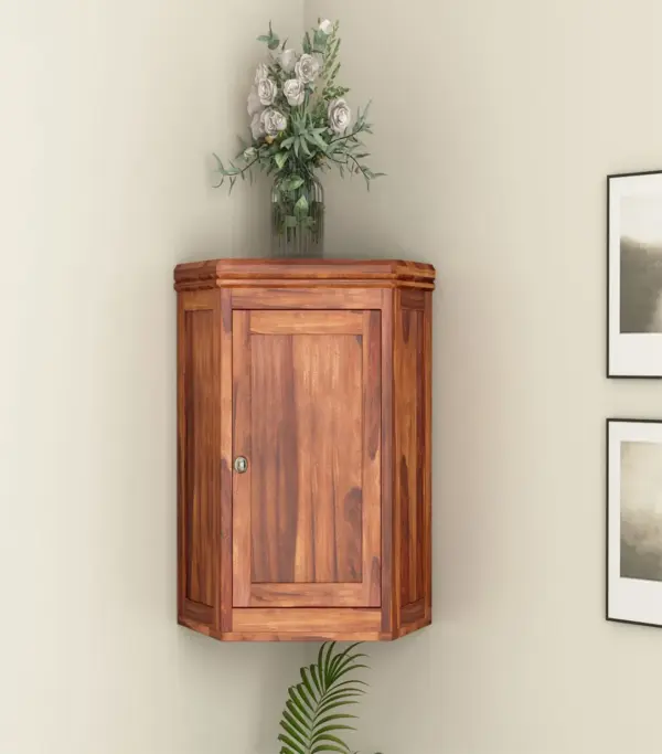 Ordom Sheesham Wood Corner Wall Mounted Kitchen Rack (Honey Finish)
