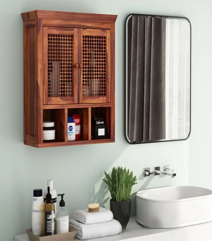 Shyea Sheesham Wood Wall Mounted Bathroom Cabinet (Honey Finish)