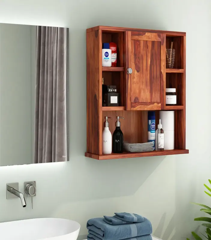 Cluevas Sheesham Wood Wall Mounted Bathroom Cabinet (Honey Finish)