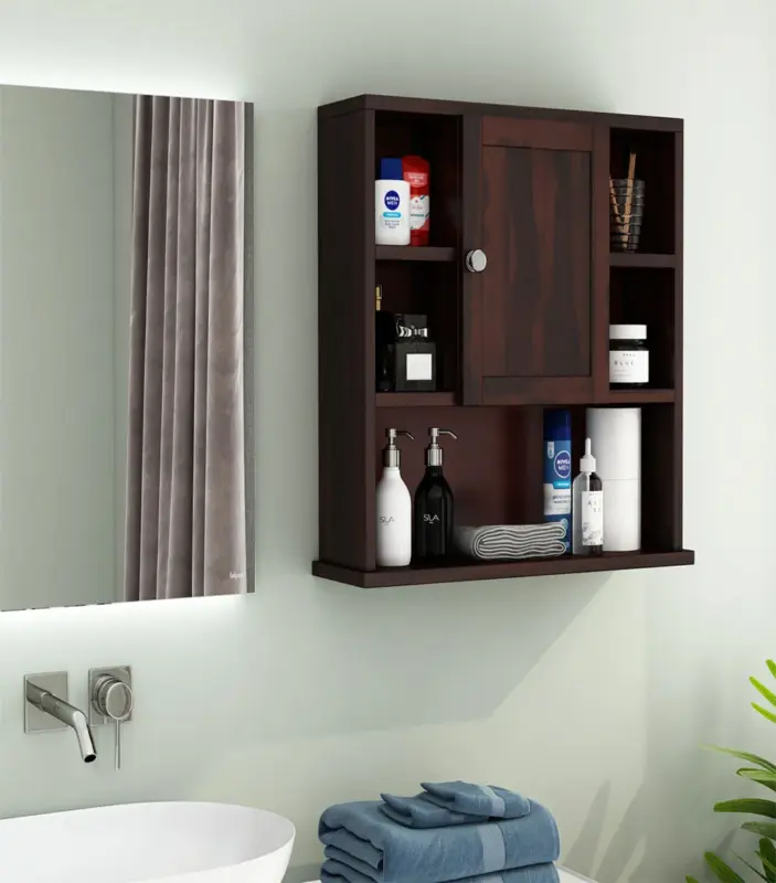 Cluevas Sheesham Wood Wall Mounted Bathroom Cabinet (Walnut Finish)