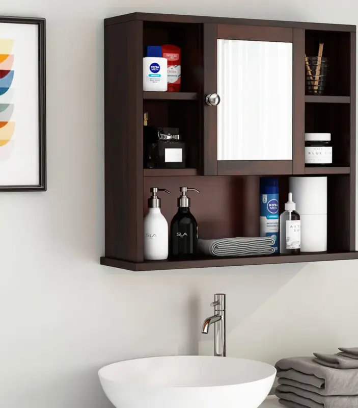 Vwing Sheesham Wood Wall Mounted Bathroom Cabinet (Walnut Finish)