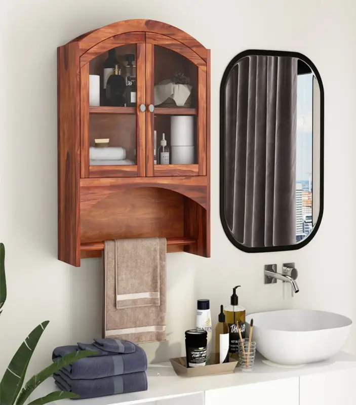 Mendrix Sheesham Wood Wall Mounted Bathroom Cabinet (Honey Finish)