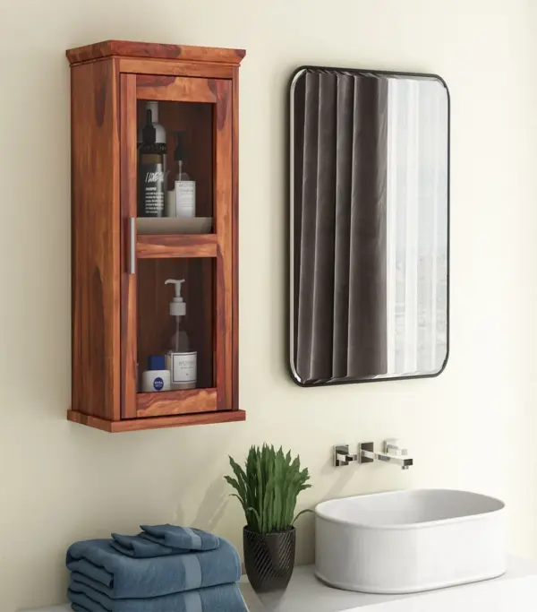Benetiz Sheesham Wood Wall Mounted Bathroom Cabinet (Honey Finish)