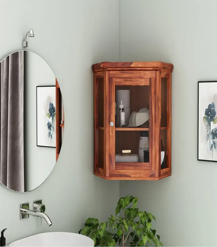 Ordom Sheesham Wood Corner Wall Mounted Bathroom Cabinet (Honey Finish)