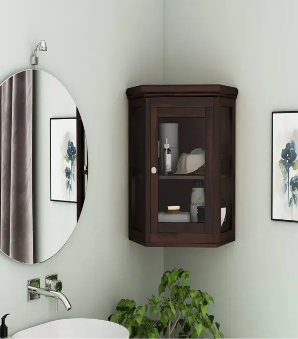 Ordom Sheesham Wood Corner Wall Mounted Bathroom Cabinet (Walnut Finish)