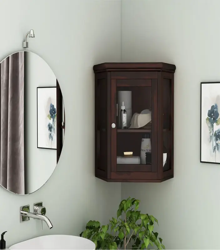 Ordom Sheesham Wood Corner Wall Mounted Bathroom Cabinet (Walnut Finish)