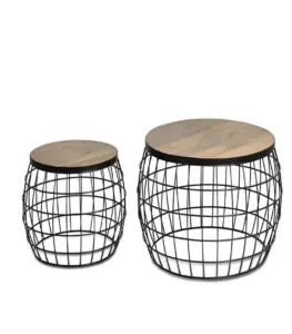 Ergovic Solid Mango Wood Top with Metal Base Set of 2 Coffee Tables (Natural Finish)