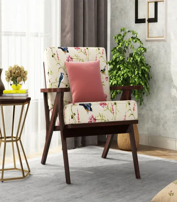 Crosper Sheesham Wood Frame with Cushioned Velvet Seating Arm Chair (Cream Robins with Walnut Finish)