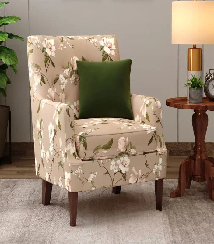 Edoree Sheesham Wood Frame with Cushioned Velvet Seating Arm Chair (Magnolia Beige with Walnut Finish)