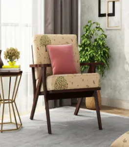 Crosper Sheesham Wood Frame with Cushioned Velvet Seating Arm Chair (Beige Pomme with Walnut Finish)
