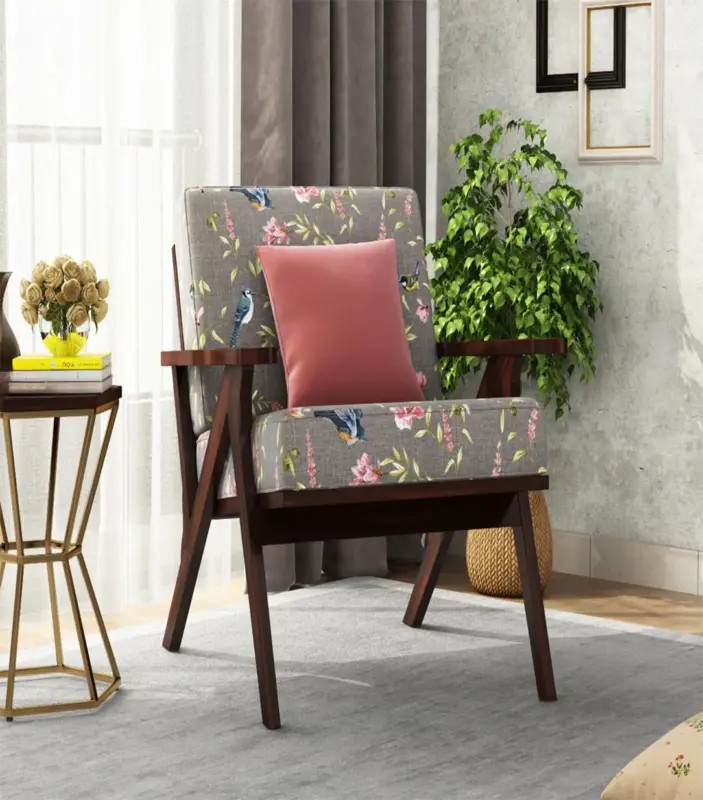 Crosper Sheesham Wood Frame with Cushioned Velvet Seating Arm Chair (Grey Robins with Walnut Finish)