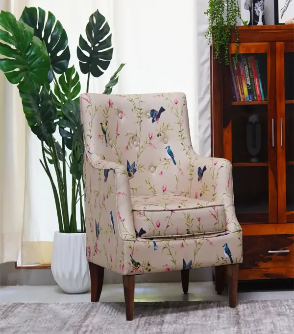 Edoree Sheesham Wood Frame with Cushioned Velvet Seating Arm Chair (Cream Robins with Walnut Finish)