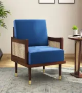 Alton Sheesham Wood Frame with Cushioned Velvet Seating Arm Chair (Indigo Blue with Walnut Finish)