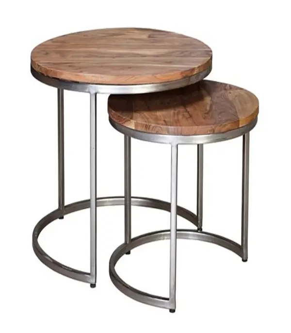 Lofvish Sheesham Wood Top with Metal Base Set of 2 Coffee Tables (Natural Finish)