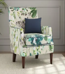 Edoree Sheesham Wood Frame with Cushioned Velvet Seating Arm Chair (Aqua Flower with Walnut Finish)