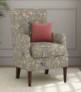 Edoree Sheesham Wood Frame with Cushioned Velvet Seating Arm Chair (Grey Robins with Walnut Finish)