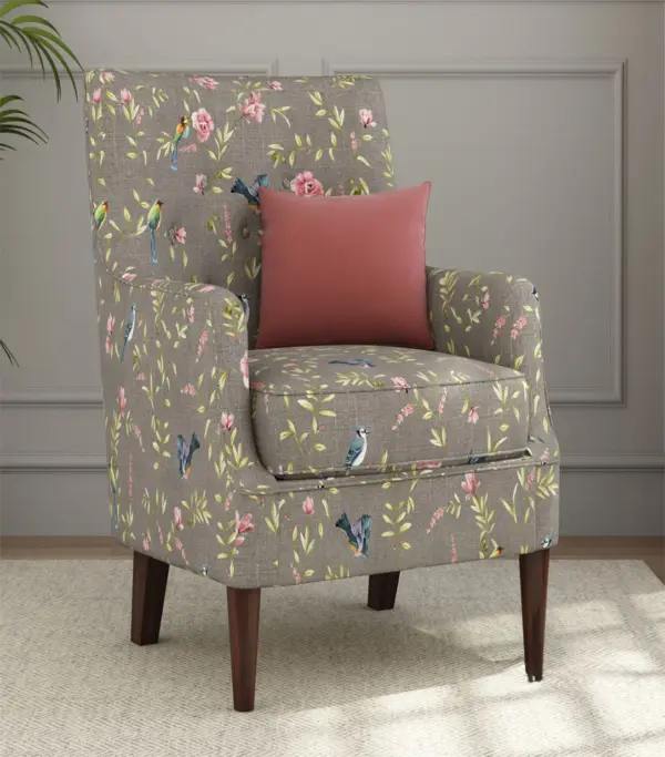 Edoree Sheesham Wood Frame with Cushioned Velvet Seating Arm Chair (Grey Robins with Walnut Finish)