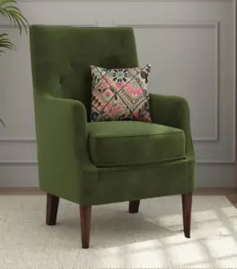 Edoree Sheesham Wood Frame with Cushioned Velvet Seating Arm Chair (Olive Green with Walnut Finish)