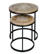 Poleit Solid Mango Wood 2 Carved Top with Metal Base Set of Coffee Tables (Natural Finish) - Image 2