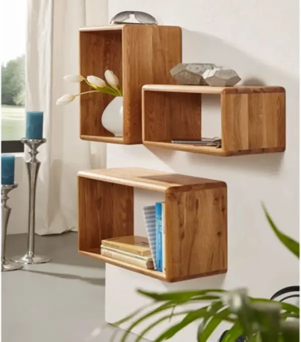 Anamur Solid Oak Wood Set of 3 Wall shelves with Open Storage (Honey Oak Finish)